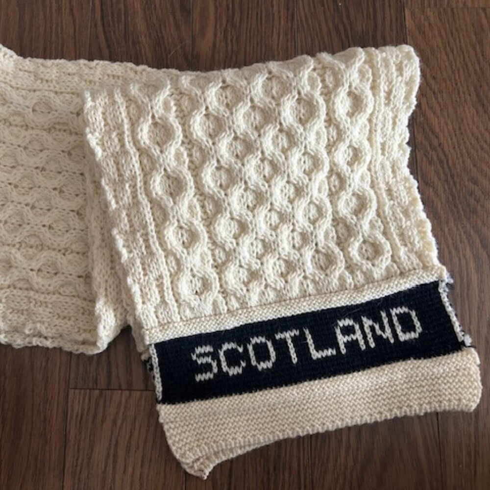 Chunky Aran scarf is knitted in the UK from 100% British wool, by Glencroft